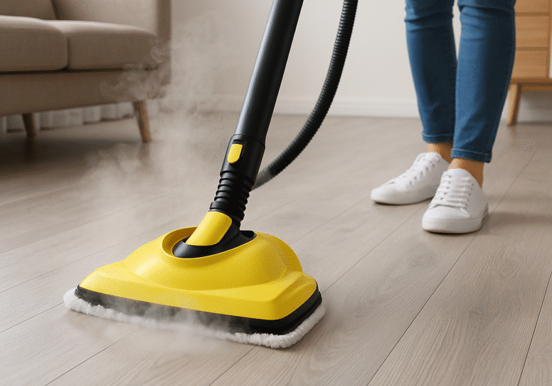 Stoomreiniger reinigt lichtgekleurde vinylvloer in een moderne woonkamer, zichtbare stoom komt onder de gele microvezelkop vandaan terwijl een persoon de stoommop leidt.